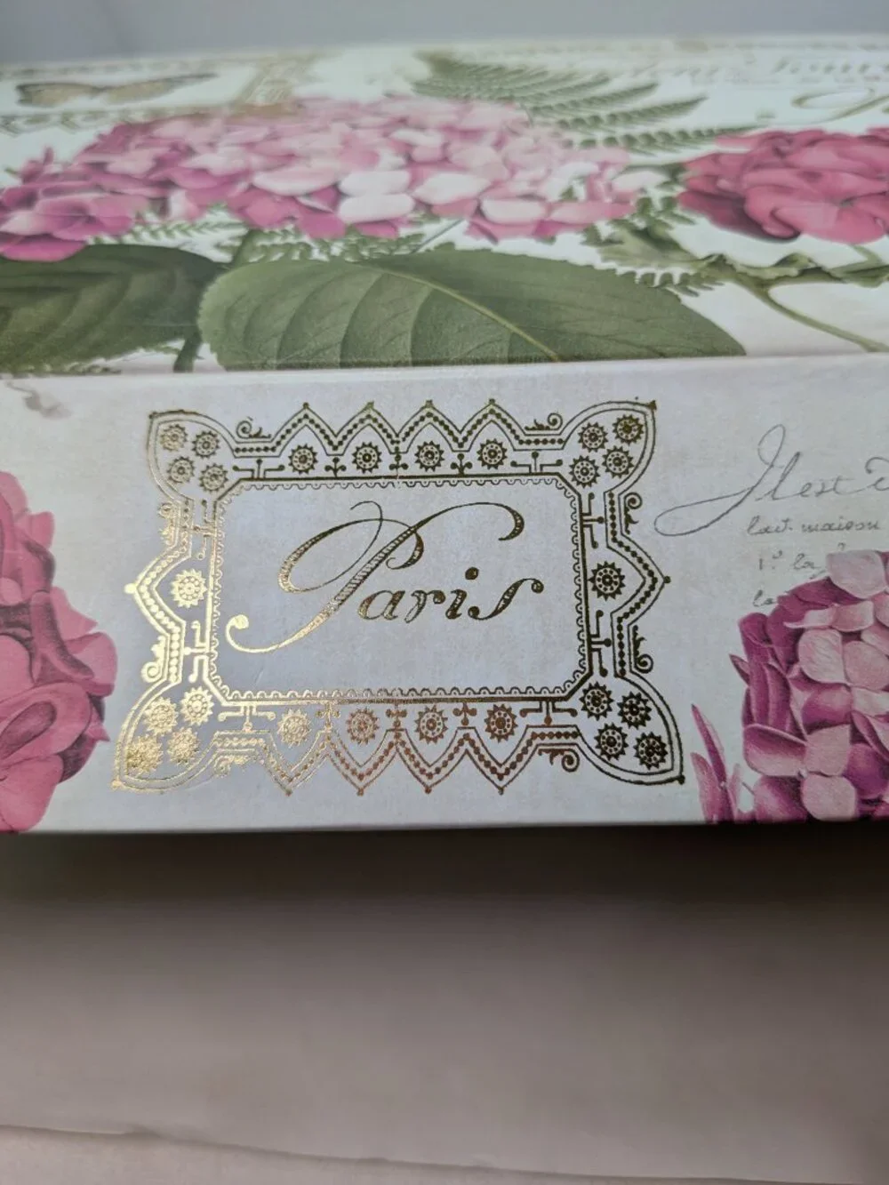 Paris Locksmith Storage Box Pink Hydrangea Gold Metallic Floral Art Large